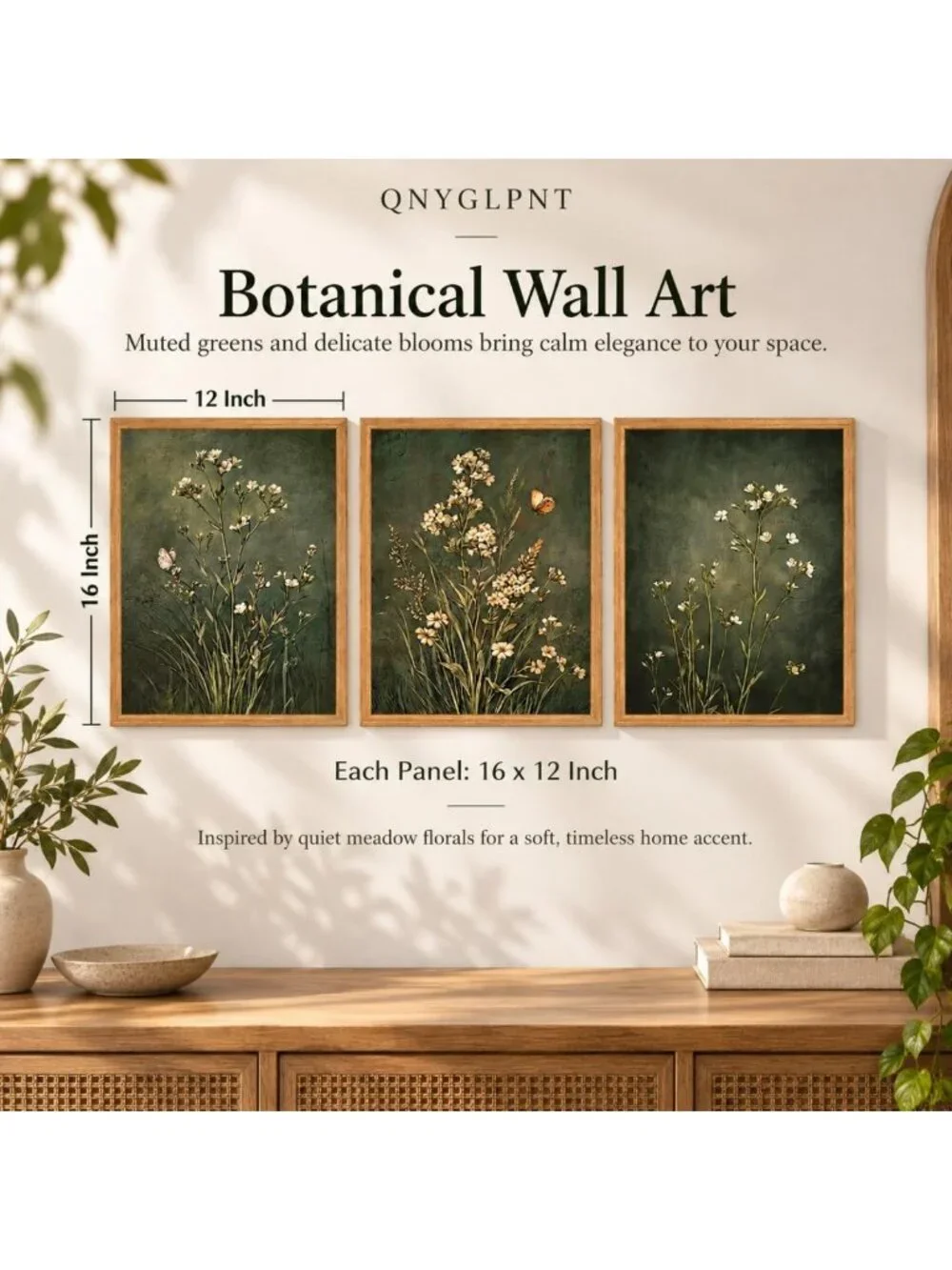 Vintage Floral Botanical Canvas Wall Art Set - 3 Framed Prints, Dark Green 16x12